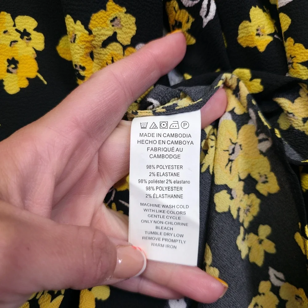Michael Kors Top Womens L Black Yellow Tie Sleeve Floral Colorful Resort Elegant